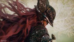 Rule 34 | 1girl, armor, artist name, bug, butterfly, chinese commentary, closed mouth, commentary, covered eyes, elden ring, erdtree (elden ring), facing down, from behind, headgear, helmet, highres, insect, long hair, malenia blade of miquella, material growth, profile, red hair, red lips, shade, solo, upper body, winged helmet, wlop