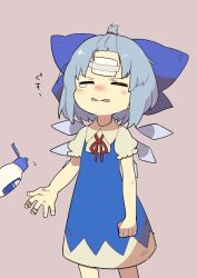 Rule 34 | 1girl, bad id, bad twitter id, bandages, bandaid, bandaid on hand, bare arms, blue bow, blue dress, blue hair, blue wings, bottle, bow, cirno, closed eyes, dress, forehead, hair bow, highres, ice, ice wings, injury, neck ribbon, puffy short sleeves, puffy sleeves, red ribbon, ribbon, sasa kichi, short dress, short sleeves, simple background, solo, tears, touhou, wings
