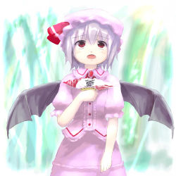 Rule 34 | 1girl, bat wings, buttons, chiwa, cowboy shot, dress, female focus, hand on own chest, hat, holding, lowres, mob cap, pink dress, puffy short sleeves, puffy sleeves, red eyes, remilia scarlet, short hair, short sleeves, silver hair, solo, touhou, tsubasa (abchipika), wings
