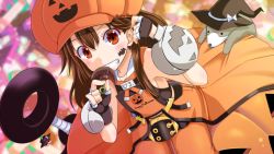 Rule 34 | 1girl, adapted costume, anchor, animal, arc system works, blush, brown eyes, brown hair, fingerless gloves, flat chest, gloves, grin, guilty gear, hair flip, halloween, hat, jack-o&#039;-lantern, long hair, may (guilty gear), orange shirt, orange theme, pirate hat, poncocchan, shirt, smile, solo, witch hat
