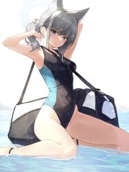 Rule 34 | 1girl, animal ear fluff, animal ears, arm behind head, armpits, arms up, bag, bare arms, bare legs, bare shoulders, black one-piece swimsuit, blue archive, blue eyes, breasts, competition swimsuit, covered navel, duffel bag, extra ears, fox ears, goomrrat, grey hair, halo, highleg, highleg swimsuit, highres, long hair, looking at viewer, medium breasts, mismatched pupils, one-piece swimsuit, ponytail, shiroko (blue archive), shiroko (swimsuit) (blue archive), simple background, sitting, smile, solo, swimsuit, thighs, water, wet, white background