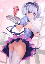 Rule 34 | 1girl, :o, anchor symbol, ass, azur lane, blue dress, blue ribbon, blue skirt, blunt bangs, bottomless, breasts, button eyes, buttons, chibi, chibi inset, clothing cutout, collared dress, dido (azur lane), dido (muse) (azur lane), doll, dress, expressionless, food, framed breasts, frilled hairband, frills, from behind, from below, fruit, gloves, hairband, headphones, highres, holding, holding tray, ice cream, indoors, large breasts, layered skirt, looking at viewer, looking to the side, maid headdress, medium hair, no panties, official alternate costume, pink eyes, pink skirt, plaid, plaid dress, puffy sleeves, ribbon, sagging breasts, short sleeves, side ponytail, sideboob, silver hair, skindentation, skirt, solaris (sinhyg), solo, star (symbol), strawberry, sundae, thighhighs, thighs, tray, underboob, upskirt, white gloves, white thighhighs, wrist cuffs