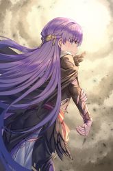 Rule 34 | 1girl, absurdly long hair, absurdres, belt, black feathers, cape, closed mouth, commission, commissioner upload, dress, feathers, fire emblem, fire emblem: the binding blade, fire emblem heroes, highres, injury, long hair, long sleeves, looking back, nintendo, purple eyes, purple hair, shichigatsu, solo, sophia (fire emblem), teardrop, tearing up, tears, torn clothes, torn sleeves, very long hair