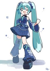 Rule 34 | 1girl, adapted costume, aqua eyes, aqua hair, aqua necktie, bare shoulders, belt, black footwear, black shorts, blush, clenched hand, collared shirt, commentary, denim, denim shirt, denim skirt, detached sleeves, hand on own hip, hatsune miku, headphones, highres, leg warmers, long hair, looking at viewer, mika no nijika, multiple belts, necktie, one eye closed, open mouth, platform footwear, pleated skirt, shirt, shorts, signature, skirt, smile, solo, sparkle, twintails, very long hair, vocaloid, white background