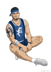 Rule 34 | 1boy, arm tattoo, bara, bare arms, beard, black hair, blue headband, blue shirt, blue shorts, brucie (infighter821), commission, cross, cross necklace, dungeon and fighter, facial hair, headband, highres, jewelry, koji (wildlhz), leg hair, looking at viewer, male focus, male priest (dungeon and fighter), mature male, muscular, muscular male, mustache, necklace, pectorals, red eyes, second-party source, shirt, shoes, short hair, shorts, sitting, sleeveless, sleeveless shirt, smile, sneakers, socks, solo, tattoo, white background, white socks