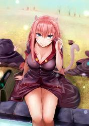 Rule 34 | 1girl, animal ears, breasts, cat ears, cat tail, cleavage, fangs, grass, green eyes, highres, irohara, large breasts, looking at viewer, original, pink hair, smile, solo, tail
