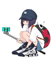 Rule 34 | 1girl, backpack, bag, baseball cap, black eyes, blue shorts, blunt bangs, blunt ends, bug, cellphone, closed mouth, from side, full body, grey hat, hat, highres, holding, holding stick, insect, ladybug, nao97122, nike (company), original, paw print, phone, purple hair, selfie stick, shirt, shoes, short hair, short sleeves, shorts, simple background, smartphone, sneakers, solo, squatting, stick, straight hair, t-shirt, taking picture, white background, white footwear, white shirt