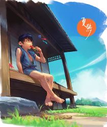 Rule 34 | 1boy, architecture, artist name, barefoot, black hair, child, day, doudanuki masakuni, east asian architecture, eating, food, from below, fruit, full body, japanese house, male focus, outdoors, porch, pukun, sandals, unworn sandals, scar, sitting, sky, solo, summer, touken ranbu, watermelon, yellow eyes