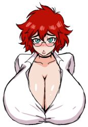 Rule 34 | 1girl, black choker, blue eyes, breasts, choker, cleavage, glasses, highres, huge breasts, looking at viewer, maxine (balak), momijizx, red hair, shirt, short hair, solo, standing, thick lips, thick thighs, thighs, upper body, white background, white shirt