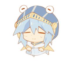 Rule 34 | 1other, = =, androgynous, animal, blue hair, blue headwear, chibi, chinese commentary, closed eyes, closed mouth, commentary request, dot nose, fish, helmet, holding, holding animal, holding fish, jian xing zao, len&#039;en, moritake medias, other focus, short hair, smile