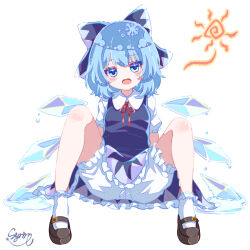 Rule 34 | 1girl, black footwear, bloomers, blue dress, blue eyes, blue hair, bow, cirno, commentary, dress, fairy, hair bow, ice, ice wings, looking at viewer, melting, open mouth, short sleeves, signature, simple background, sitting, socks, solo, spread legs, sun symbol, touhou, underwear, white background, white socks, wings, yunagi (arukumaruta)