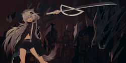 Rule 34 | 1girl, :d, absurdres, animal ears, arknights, black coat, black shorts, coat, cookie (ppyf5328), dual wielding, grey eyes, grey hair, highres, holding, holding sword, holding weapon, lappland (arknights), long hair, long sleeves, looking at viewer, navel, open mouth, scar, scar across eye, shorts, smile, solo, sword, tail, very long hair, weapon, wolf ears, wolf girl, wolf tail