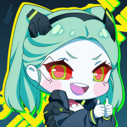 Rule 34 | 1girl, blush stickers, chibi, collarbone, colored sclera, colored skin, commentary, cyberpunk (series), cyberpunk edgerunners, cyborg, fpsmoe, green eyes, grey hair, long hair, long sleeves, looking at viewer, open mouth, purple lips, rebecca (cyberpunk), red pupils, red sclera, samurai jacket (cyberpunk), smile, solo, symbol-only commentary, teeth, thumbs up, twintails, upper body, upper teeth only, v-shaped eyebrows, white skin