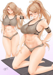 Rule 34 | 1girl, barefoot, blush, breasts, brown eyes, brown hair, cleavage, closed mouth, dated, gradient background, granblue fantasy, grey sports bra, hand in own hair, highres, katalina (granblue fantasy), kneeling, large breasts, long hair, looking at viewer, multiple views, navel, parted lips, ponytail, signature, smile, sports bra, stomach, thighs, toyoman, white background, yoga mat