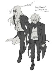 Rule 34 | 2boys, asaya minoru, boots, character request, cigarette, closed mouth, coat, collared shirt, cross-laced footwear, dress shirt, english text, fate/grand order, fate (series), greyscale, hand in pocket, jacket, lace-up boots, long hair, long sleeves, male focus, monochrome, mouth hold, multiple boys, open clothes, open coat, open jacket, pants, parted bangs, shirt, simple background, smoke, smoking, sunglasses, tezcatlipoca (fate), torn clothes, torn jacket, twitter username, white background