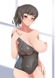 Rule 34 | 1girl, abyz (aono), amagami, bare shoulders, black hair, breast slip, breasts, highres, huge breasts, nipples, one-piece swimsuit, one breast out, solo, strap slip, swimsuit, tsukahara hibiki