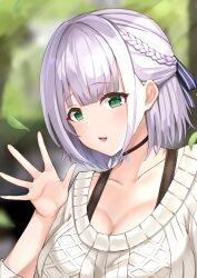Rule 34 | 1girl, black choker, blue ribbon, blush, braid, breasts, choker, cleavage, french braid, green eyes, grey hair, hair ribbon, half updo, highres, hololive, large breasts, looking at viewer, menmen (menmen13s), official alternate costume, open mouth, ribbon, shirogane noel, shirogane noel (casual), short hair, smile, solo, sweater, virtual youtuber, waving, white sweater