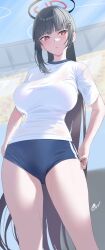 Rule 34 | 1girl, alternate costume, black hair, blue archive, blue buruma, blunt bangs, blurry, blurry background, breasts, buruma, commentary request, ev (dai00888), from below, gym shorts, gym uniform, hair ornament, hairclip, halo, highres, large breasts, long hair, red eyes, rio (blue archive), shirt, shorts, sidelocks, solo, sweatdrop, thighs, very long hair, white shirt