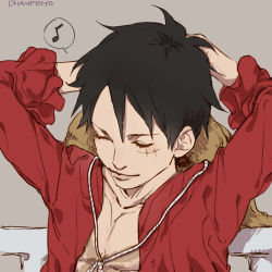 Rule 34 | 1boy, black hair, hat, male focus, monkey d. luffy, one piece, open clothes, open shirt, red shirt, scar, shirt, solo, stampede string, straw hat