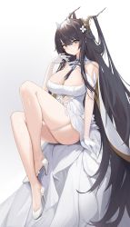 Rule 34 | 1girl, absurdres, antlers, azur lane, bare legs, black hair, blush, breasts, brown eyes, cbmus, cleavage, closed mouth, commentary, detached collar, dress, flower, full body, gloves, gradient background, grey background, hair between eyes, hair flower, hair ornament, half gloves, high heels, highres, horns, indomitable (azur lane), large breasts, legs, light smile, long hair, looking at viewer, mole, mole on breast, simple background, sitting, skindentation, smile, solo, strapless, strapless dress, thighs, very long hair, white dress, white footwear, white gloves