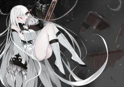 Rule 34 | 1girl, abyssal ship, armpit crease, ass, bare shoulders, boots, breasts, claws, detached sleeves, dress, covered erect nipples, floating, full body, glowing, glowing eyes, hand up, horns, kantai collection, knee boots, knees together feet apart, large breasts, legs, legs up, long hair, looking at viewer, nauribon, pale skin, red eyes, ribbed dress, seaport princess, short dress, sideboob, single horn, solo, very long hair, white hair