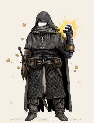 Rule 34 | 1boy, belt, black eyes, brown footwear, brown pants, cape, capelet, confessor (elden ring), dagger, elden ring, frown, gambeson, gauntlets, grey background, hand up, highres, hood, hood up, hooded capelet, knife, looking at viewer, male focus, octosoup, pants, pouch, simple background, solo, standing, sword, tarnished (elden ring), weapon