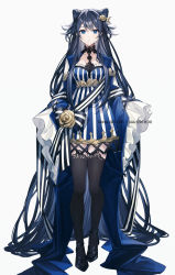 Rule 34 | 1girl, absurdly long hair, black footwear, black hair, black thighhighs, blue dress, blue eyes, braid, breasts, commentary request, cone hair bun, coyucom, dress, frilled dress, frills, full body, grey background, hair between eyes, hair bun, highres, long hair, long sleeves, looking at viewer, medium breasts, original, parted lips, pixiv id, shoes, simple background, sleeves past fingers, sleeves past wrists, solo, standing, striped clothes, striped dress, thighhighs, twitter username, vertical-striped clothes, vertical-striped dress, very long hair, white background, wide sleeves