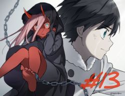Rule 34 | 10s, 1boy, 1girl, black hair, blue eyes, colored skin, commentary request, crying, crying with eyes open, darling in the franxx, green eyes, hiro (darling in the franxx), horns, long hair, pink hair, red skin, short hair, signature, tears, toma (norishio), zero two (darling in the franxx)