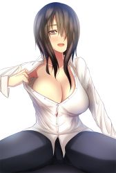 Rule 34 | 1girl, bad id, bad pixiv id, black pants, blush, breasts, brown hair, clothes pull, collarbone, collared shirt, dress shirt, grey eyes, hair over one eye, highres, large breasts, long hair, long sleeves, looking at viewer, nidaime (doronbo), no bra, open clothes, open mouth, open shirt, original, pants, shirt, simple background, sitting, solo, spread legs, undressing, white background, white shirt