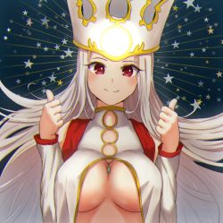 Rule 34 | 1girl, absurdres, blue background, breasts, closed mouth, commentary, english commentary, fate/grand order, fate (series), hat, highres, irisviel von einzbern, irisviel von einzbern (caster), long hair, looking at viewer, nipples, red eyes, reijgr (ff9999x), smile, star (symbol), starry background, thumbs up, underboob, upper body, white hair, white headwear