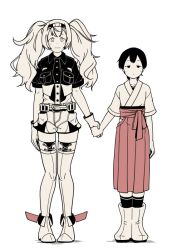 Rule 34 | 2girls, @ @, boots, breast pocket, collared shirt, folded ponytail, fujinoki (horonabe-ken), full body, gambier bay (kancolle), gloves, hair between eyes, hairband, hakama, hakama short skirt, hakama skirt, holding hands, japanese clothes, kantai collection, kasuga maru (kancolle), long hair, looking at viewer, monochrome, multiple girls, pocket, red hakama, shirt, short sleeves, skirt, spot color, standing, swept bangs, thighhighs, twintails, wavy mouth