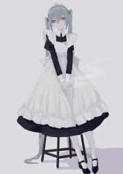 Rule 34 | 1girl, absurdres, aie, alternate costume, apron, aqua eyes, aqua hair, between fingers, black dress, bright pupils, cigarette, closed mouth, commentary, crossed bangs, dot mouth, dress, earrings, enmaided, expressionless, full body, half-closed eyes, hatsune miku, head tilt, highres, holding, holding cigarette, jewelry, juliet sleeves, long hair, long sleeves, looking at viewer, maid, maid apron, maid headdress, mary janes, on stool, pantyhose, puffy sleeves, shoes, sitting, smoke trail, solo, twintails, very long hair, vocaloid, white apron, white background, white pantyhose, white pupils