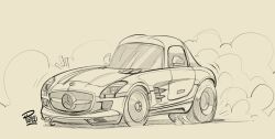 Rule 34 | artist name, brown background, burnout, car, highres, mercedes-benz, mercedes-benz sls amg, motor vehicle, no humans, notice lines, original, sepia, shadow, sketch, smoke, sports car, vehicle focus, will pierce