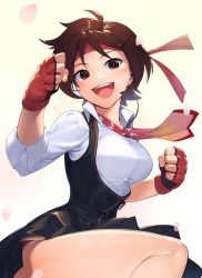 Rule 34 | 1girl, akisa yositake, blush, bow, bowtie, breasts, brown eyes, brown hair, cherry blossoms, collared shirt, earpiece, fighting stance, fingerless gloves, gloves, headband, highres, kasugano sakura, large breasts, microphone, miniskirt, open mouth, petals, red gloves, shirt, simple background, skirt, smile, solo, street fighter, street fighter v, thighs, vest, white background