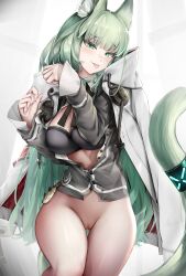 Rule 34 | 1girl, :p, absurdres, animal ear fluff, animal ears, arknights, black bra, bottomless, bra, breasts, breasts out, cape, cardigan, cat ears, cat tail, commentary request, cowboy shot, green eyes, green hair, grey cardigan, harmonie (arknights), highres, infection monitor (arknights), large breasts, long hair, long sleeves, looking at viewer, nopetroto, open cardigan, open clothes, pussy, pussy juice, pussy juice drip, solo, tail, thighs, tongue, tongue out, uncensored, underwear, very long hair, white cape