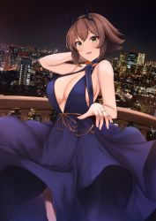 Rule 34 | 1girl, arm behind head, blue dress, blush, breasts, brown hair, city lights, cleavage, collarbone, commission, dress, green eyes, headgear, jewelry, kannko bokujou, kantai collection, large breasts, looking at viewer, mutsu (kancolle), open mouth, ornate ring, outdoors, photo background, ring, short hair, sideboob, skeb commission, solo, wedding ring