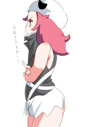 Rule 34 | 1girl, ass, bandana, bare arms, creatures (company), crossed arms, flat ass, game freak, hat, highres, long hair, myouji namawe, nintendo, npc trainer, open mouth, pink eyes, pink hair, pokemon, pokemon sm, shirt, short shorts, shorts, simple background, skull, skull-shaped hat, skull hat, sleeveless, sleeveless shirt, solo, standing, team skull, team skull grunt, text focus, translation request, white background, white shorts
