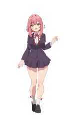 Rule 34 | 1girl, :d, ankle socks, artist request, black footwear, blazer, blush, breasts, buttons, closed jacket, dot nose, dress shirt, flower, full body, green eyes, hair between eyes, hair flower, hair intakes, hair ornament, hand up, head tilt, heel up, highres, jacket, kimi no koto ga dai dai dai dai daisuki na 100-nin no kanojo, large breasts, loafers, long bangs, long sleeves, looking at viewer, medium hair, miniskirt, neck ribbon, official art, open mouth, pink hair, pleated skirt, purple jacket, purple skirt, red ribbon, ribbon, school uniform, shirt, shoes, skirt, smile, socks, solo, standing, straight-on, swept bangs, tachi-e, thighs, transparent background, white flower, white shirt, white socks