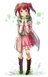 Rule 34 | 10s, 1girl, blush, boots, breath, brown eyes, brown hair, clover, coat, dress, four-leaf clover, four-leaf clover necklace, green scarf, hair ribbon, highres, idolmaster, idolmaster cinderella girls, looking at viewer, matching hair/eyes, ogata chieri, open clothes, open coat, open mouth, pink dress, ribbon, scarf, short hair, snow, snowflake background, snowflakes, solo, takeashiro, twintails
