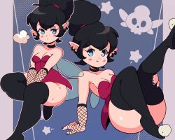Rule 34 | 1girl, angry, arm support, black gloves, black hair, black thighhighs, blue eyes, blush, breasts, breath, choker, cleavage, collarbone, disney, dress, earrings, eyeshadow, fairy, fairy wings, fingerless gloves, fishnet gloves, fishnets, gloves, goth fashion, grey background, hair bun, highres, jewelry, looking at viewer, makeup, peter pan (disney), pointy ears, pom pom (clothes), pout, red dress, sitting, skull, skull and crossbones, small breasts, star (symbol), strapless, strapless dress, sweat, thick thighs, thighhighs, thighs, tiaramisstsu, tinker bell (disney), wings