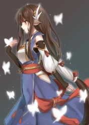 Rule 34 | 1girl, absurdly long hair, animal ears, aquaplus, breasts, brown eyes, brown hair, bug, butterfly, closed mouth, curvy, eyelashes, from side, gloves, highres, hip vent, insect, lips, long hair, medium breasts, mhmhtnm, minagi (utawarerumono), solo, utawarerumono, utawarerumono: lost flag, very long hair