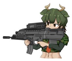 Rule 34 | 1girl, abs, aiming, airburst grenade launcher, alliant techsystems, animal ears, assault rifle, aurochs (kemono friends), brown eyes, bullpup, carbine, computerized scope, contraves brashear systems, cow ears, green hair, grenade launcher, gun, heckler &amp; koch, highres, horns, huge weapon, kemono friends, l-3 communications corporation, l3 technologies, long gun, matubokk, military, military uniform, modular weapon system, multi-weapon, multiple-barrel firearm, muzzle device, necktie, night-vision device, original, precision-guided firearm, prototype design, rifle, scope, semi-automatic firearm, semi-automatic grenade launcher, short-barreled rifle, sight (weapon), simple background, smart scope, solo, telescopic sight, thermal weapon sight, transforming weapon, under-barrel configuration, underbarrel assault rifle, underbarrel rifle, unfinished, uniform, weapon, white background, xm104 (smart scope), xm29 oicw
