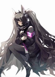 Rule 34 | 1girl, animal ear fluff, animal ears, arknights, armband, black coat, black hair, black pantyhose, black scarf, bright pupils, closed mouth, coat, dadijiji, hand on own chest, highres, invisible chair, long hair, long sleeves, looking at viewer, monch (arknights), pantyhose, purple eyes, scarf, simple background, sitting, solo, tiara, very long hair, white background