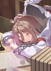 Rule 34 | 1girl, 1other, admiral (kancolle), book, commentary request, closed eyes, hachimaki, headband, highres, jacket, jacket on shoulders, kantai collection, light brown hair, long hair, natsuki (gedo), paper, pen, pie chart, ponytail, sleeping, striped headband, table, upper body, zuihou (kancolle)