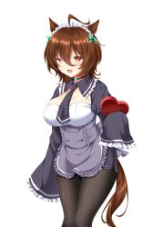 Rule 34 | 1girl, :d, absurdres, ahoge, animal ears, black necktie, black pantyhose, box, breasts, brown hair, choker, commentary request, hair between eyes, hair ribbon, heart-shaped box, highres, horse ears, horse girl, horse tail, large breasts, looking at viewer, maid headdress, necktie, open mouth, pantyhose, red eyes, ribbon, ryochapu, short apron, short hair, sleeves past wrists, smile, solo, tail, transparent background, umamusume, valentine, white headwear