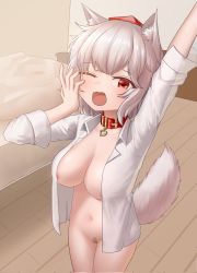 Rule 34 | ;o, animal ears, areola slip, arm up, bandaid, bandaid on pussy, bed, breasts, collar, collared shirt, commentary request, cowboy shot, hat, highres, inubashiri momiji, large breasts, long sleeves, midriff, navel, no bra, no panties, no pants, one eye closed, open clothes, open mouth, open shirt, red collar, red eyes, red headwear, shirt, sleepy, stomach, taeminhyeon, tail, thighhighs, tokin hat, touhou, waking up, white shirt, wolf ears, wolf girl, wolf tail, wooden floor, yawning