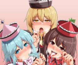 Rule 34 | 3girls, baketsuya, black headwear, blonde hair, blue eyes, blue hair, blue nails, blush, brown hair, condom, cum, cum in mouth, cum on tongue, drinking from condom, frilled hat, frills, gokkun, gradient background, hair between eyes, half-closed eyes, hat, highres, holding, holding condom, looking at viewer, lunasa prismriver, lyrica prismriver, medium hair, melting, merlin prismriver, multiple girls, nose blush, parted bangs, pink background, pink headwear, red headwear, red nails, saliva, seductive smile, siblings, sisters, smile, tongue, tongue out, touhou, used condom, yellow eyes, yellow nails