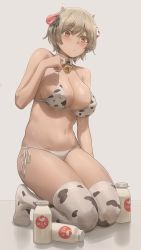 Rule 34 | 1girl, absurdres, animal ears, animal print, bare arms, bare shoulders, bell, bikini, black ribbon, blonde hair, blush, bottle, breasts, brown eyes, cleavage, closed mouth, collarbone, cow ears, cow girl, cow horns, cow print, detached collar, free style (yohan1754), grey background, groin, hair ribbon, halterneck, hand up, highres, horns, jingle bell, kneeling, large breasts, looking at viewer, milk bottle, navel, no shoes, original, ribbon, shadow, short hair, side-tie bikini bottom, simple background, solo, stomach, string bikini, swimsuit, thighhighs, thighs, white bikini, white thighhighs