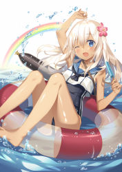 Rule 34 | 10s, 1girl, :o, bad id, bad pixiv id, blue eyes, blush, flower, food, hair flower, hair ornament, kantai collection, lifebuoy, long hair, one-piece swimsuit, one eye closed, popsicle, rainbow, rie (reverie), ro-500 (kancolle), school swimsuit, simple background, solo, swim ring, swimsuit, tan, tanline, torpedo, water, water drop, white background, white hair