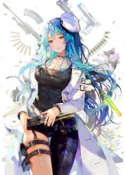 Rule 34 | 1girl, asymmetrical clothes, belt, blue hair, braid, breasts, bullet, cat, choker, cleavage, crab d, delphine (qurare), flower, gun, hair ornament, handgun, hat, head tilt, highres, holster, jacket, jewelry, large breasts, long hair, looking at viewer, magazine (weapon), multicolored hair, necklace, parted lips, petals, qurare magic library, side braid, sidelocks, single braid, solo, symbol-shaped pupils, tank top, thigh holster, thigh strap, very long hair, weapon, weapon request, yellow eyes